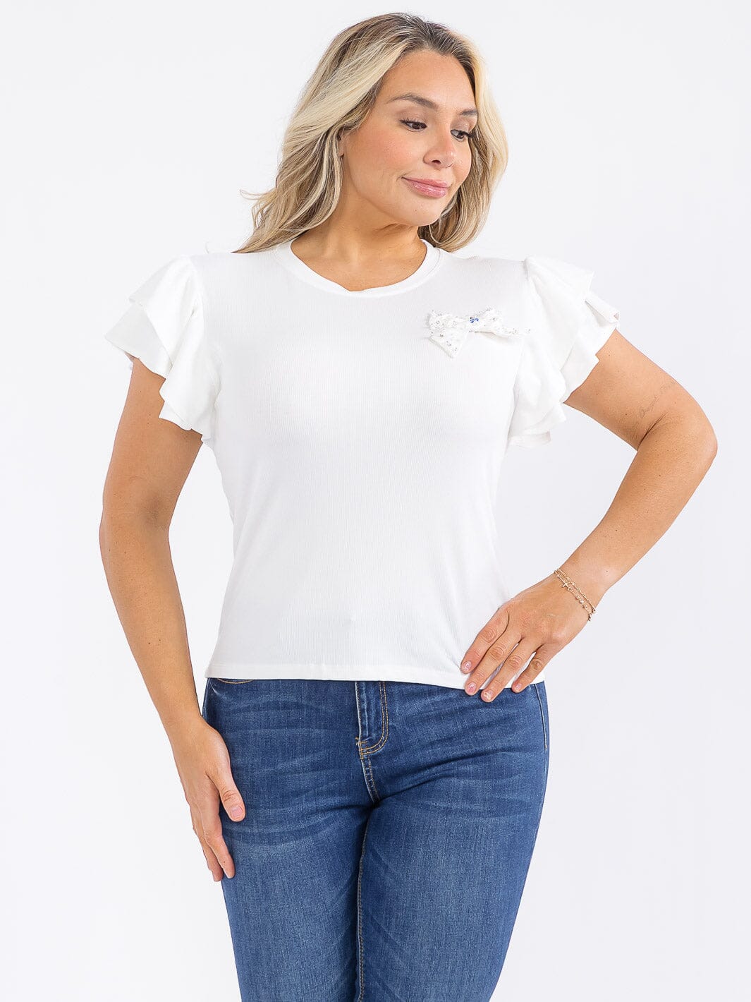 PLUS SIZE SHORT RUFFLE SLEEVE PEARL BOW RIBBED TOP