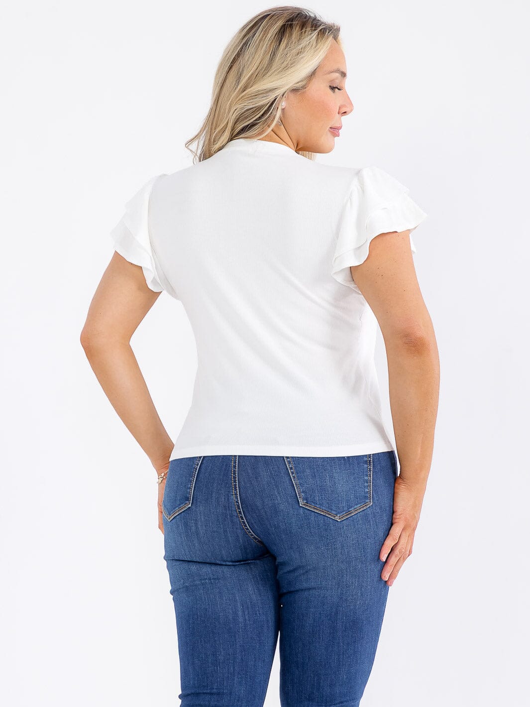 PLUS SIZE SHORT RUFFLE SLEEVE PEARL BOW RIBBED TOP