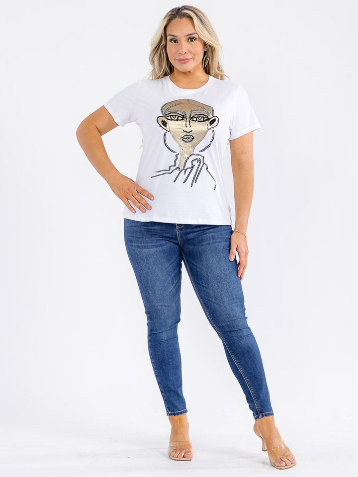 PLUS SIZE SHORT SLEEVE GRAPHIC SEQUINS TOP