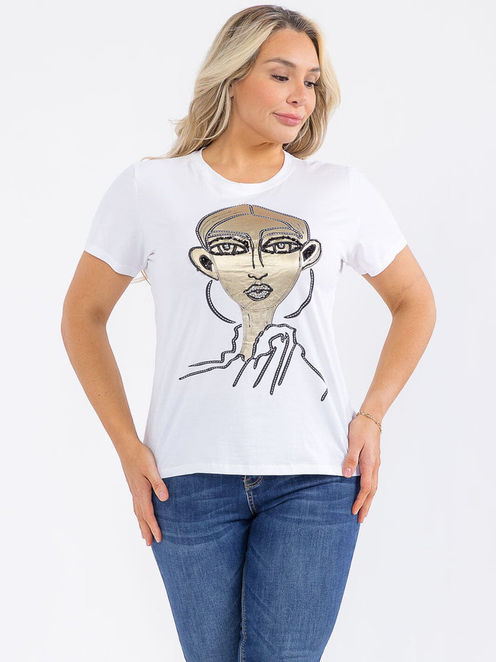 PLUS SIZE SHORT SLEEVE GRAPHIC SEQUINS TOP