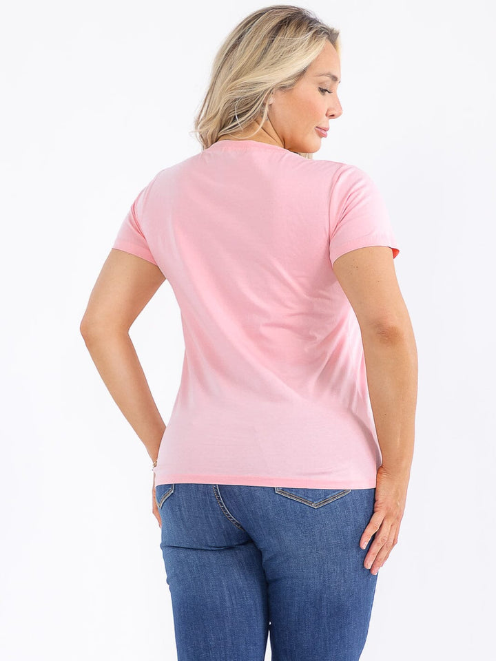 PLUS SIZE SHORT SLEEVE GRAPHIC PEARL DETAILED TOP