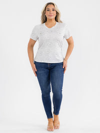 PLUS SIZE SHORT SLEEVE SIDE RUCHED GRAPHIC STUDS FLORAL PRINT TOP