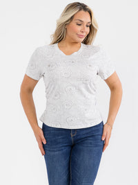PLUS SIZE SHORT SLEEVE SIDE RUCHED GRAPHIC STUDS FLORAL PRINT TOP