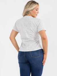 PLUS SIZE SHORT SLEEVE SIDE RUCHED GRAPHIC STUDS FLORAL PRINT TOP