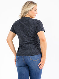 PLUS SIZE SHORT SLEEVE SIDE RUCHED GRAPHIC STUDS FLORAL PRINT TOP