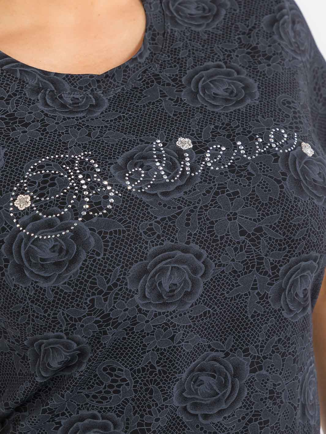 PLUS SIZE SHORT SLEEVE SIDE RUCHED GRAPHIC STUDS FLORAL PRINT TOP