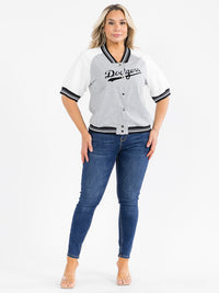 PLUS SIZE SHORT SLEEVE BUTTON CLOSURE GRAPHIC COLORBLOCK TOP