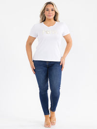 PLUS SIZE SHORT SLEEVE PARIS FLOWER RHINESTONE TOP