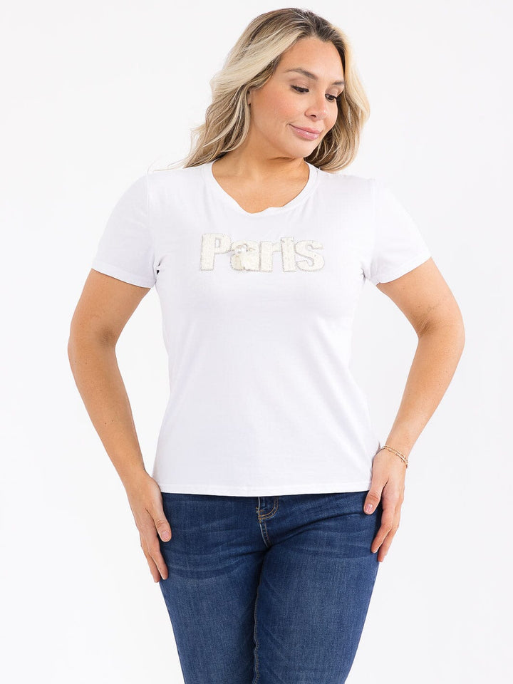 PLUS SIZE SHORT SLEEVE PARIS FLOWER RHINESTONE TOP