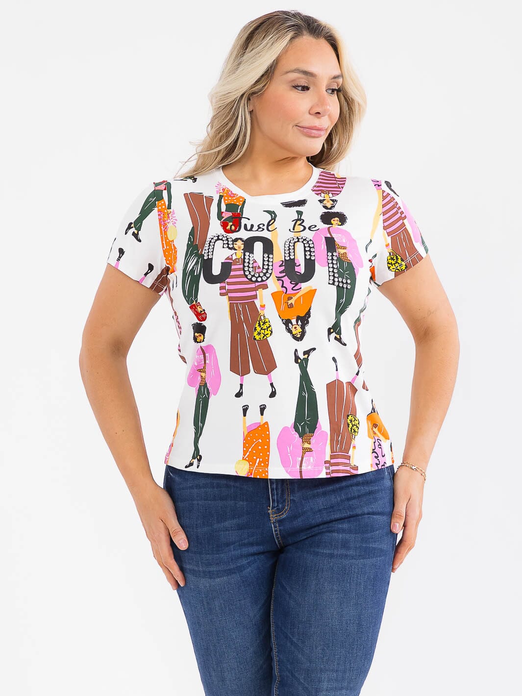 PLUS SIZE SHORT SLEEVE GRAPHIC RHINESTONE TOP