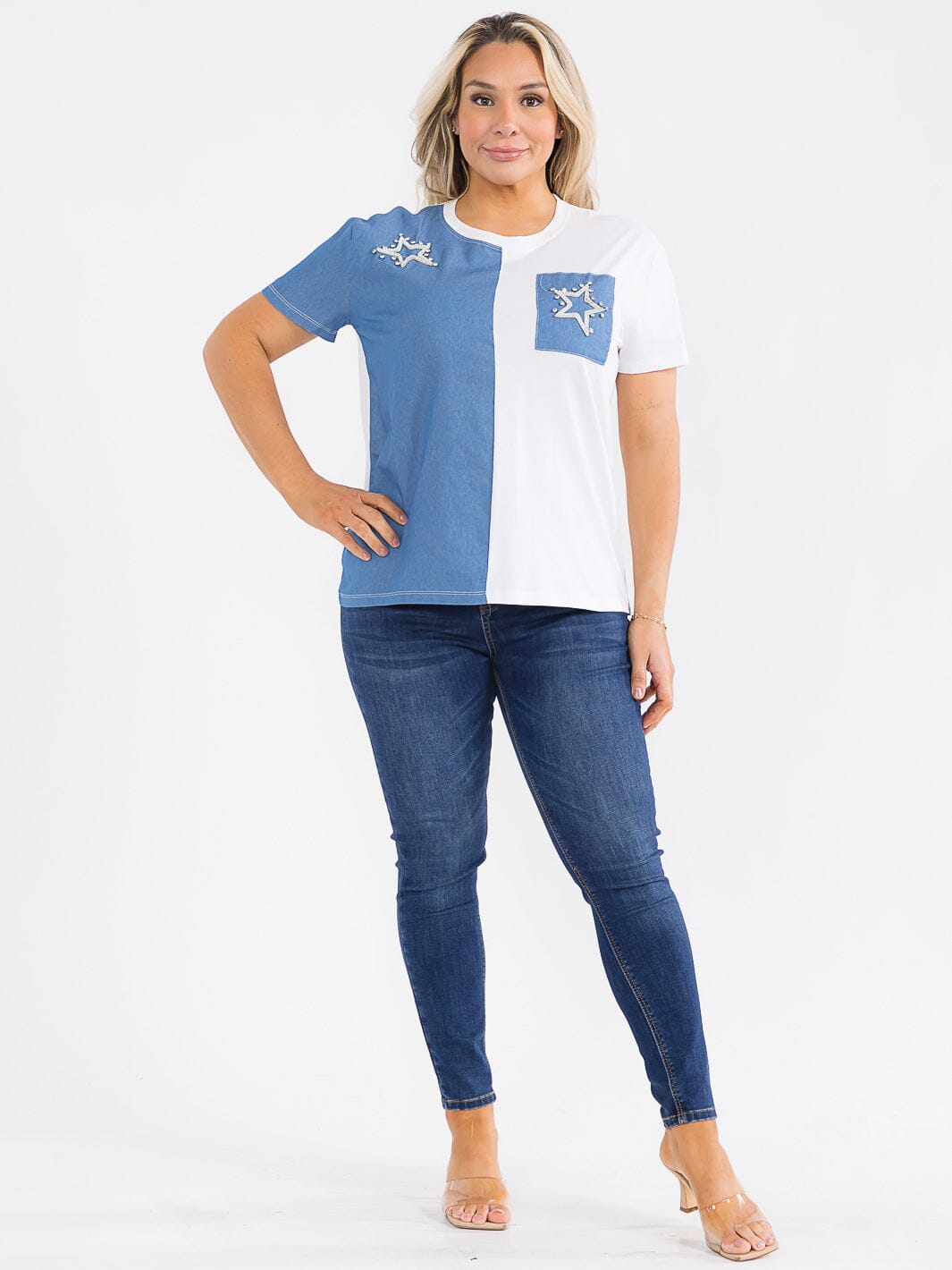 PLUS SIZE SHORT SLEEVE COLORBLOCK RHINESTONE STAR TOP