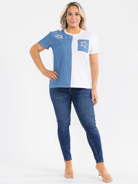 PLUS SIZE SHORT SLEEVE COLORBLOCK RHINESTONE STAR TOP
