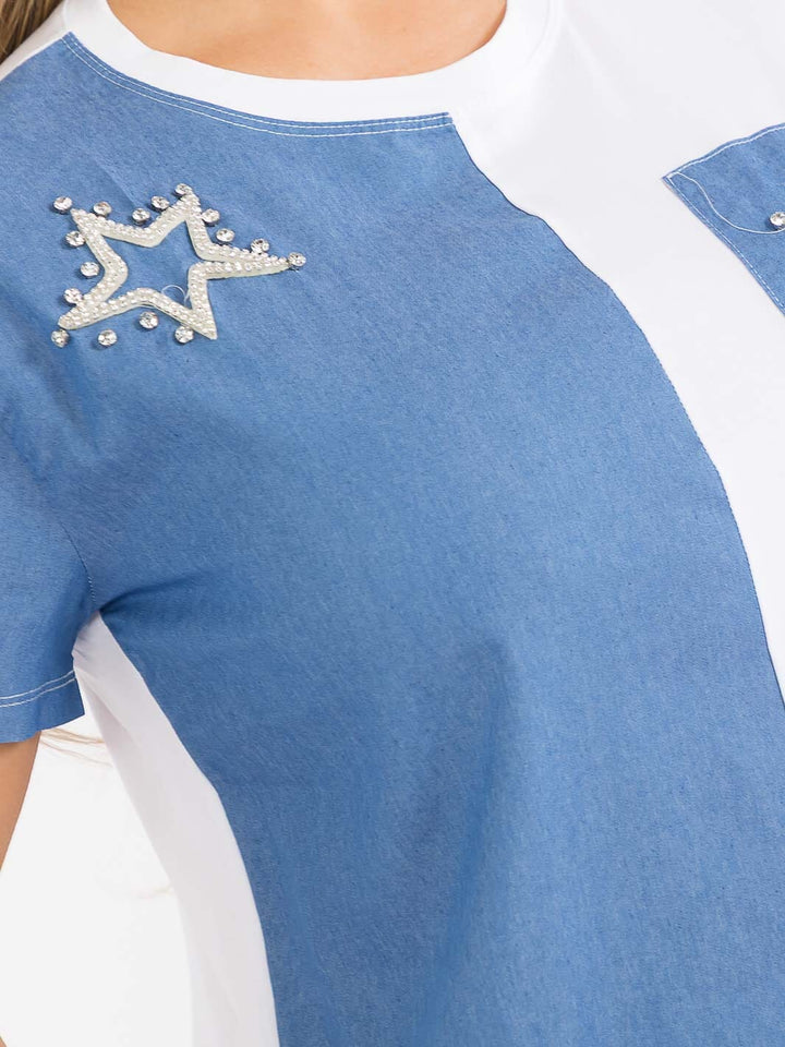 PLUS SIZE SHORT SLEEVE COLORBLOCK RHINESTONE STAR TOP