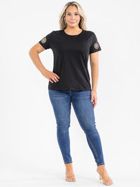 PLUS SIZE SHORT SLEEVE FLOWER EMBROIDERY TOP