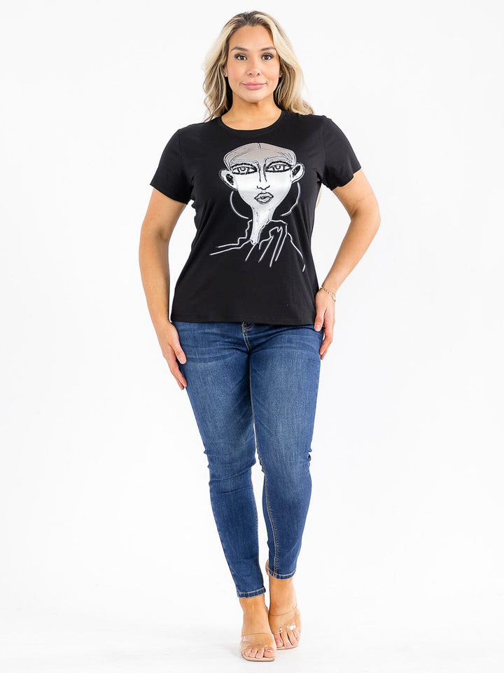 PLUS SIZE SHORT SLEEVE GRAPHIC SEQUINS TOP