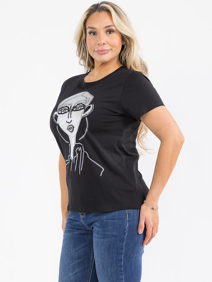 PLUS SIZE SHORT SLEEVE GRAPHIC SEQUINS TOP