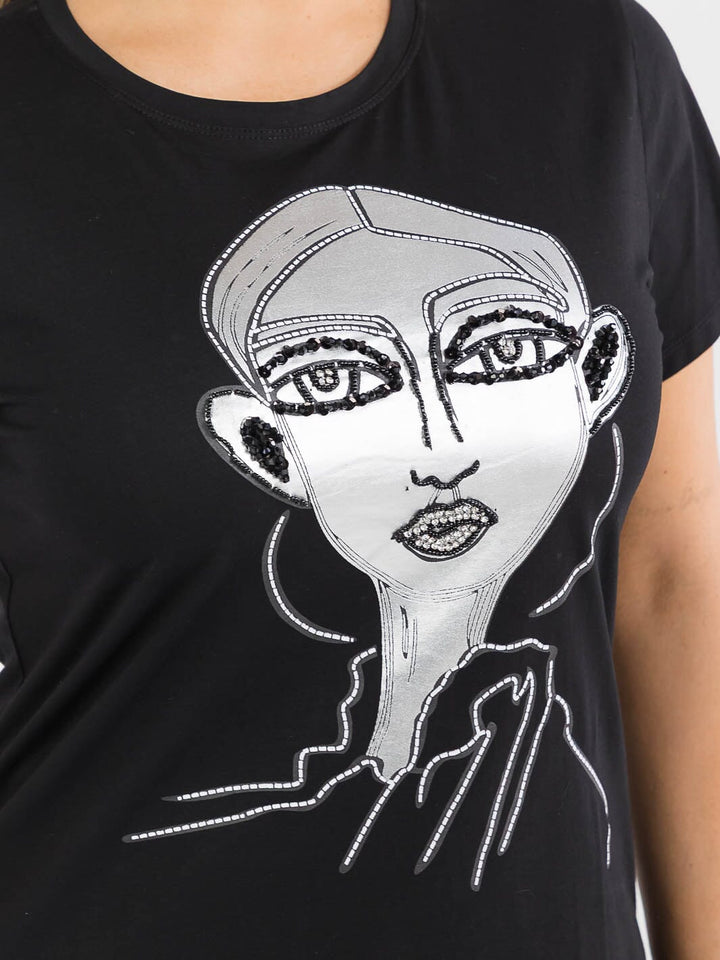 PLUS SIZE SHORT SLEEVE GRAPHIC SEQUINS TOP