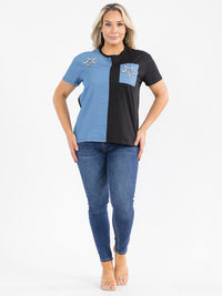 PLUS SIZE SHORT SLEEVE COLORBLOCK RHINESTONE STAR TOP