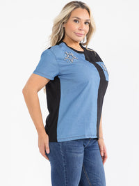 PLUS SIZE SHORT SLEEVE COLORBLOCK RHINESTONE STAR TOP