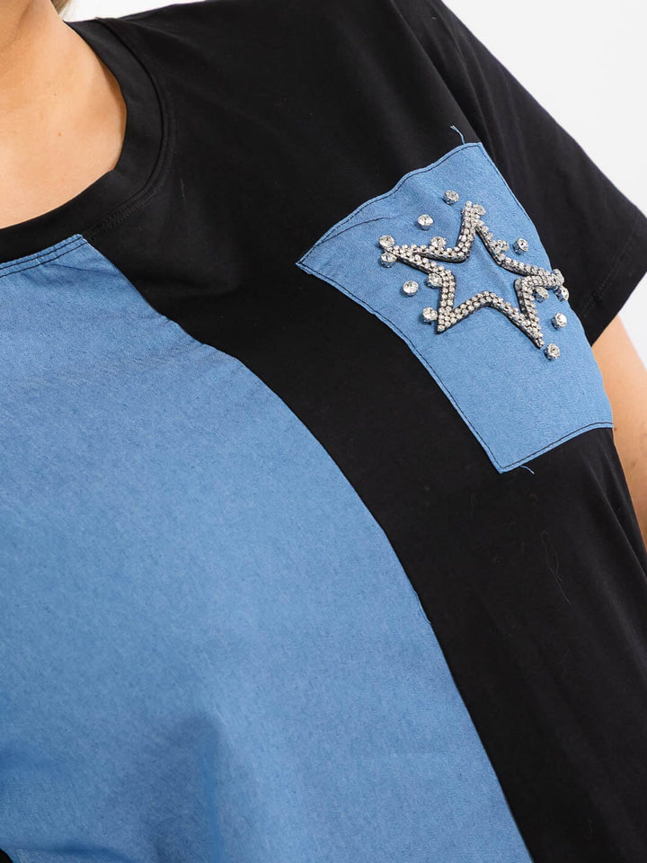 PLUS SIZE SHORT SLEEVE COLORBLOCK RHINESTONE STAR TOP