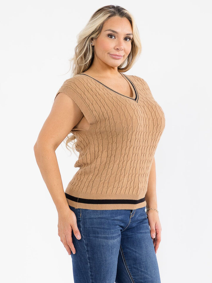 PLUS SIZE SLEEVELESS V-NECK CABLE KNIT SWEATER VEST