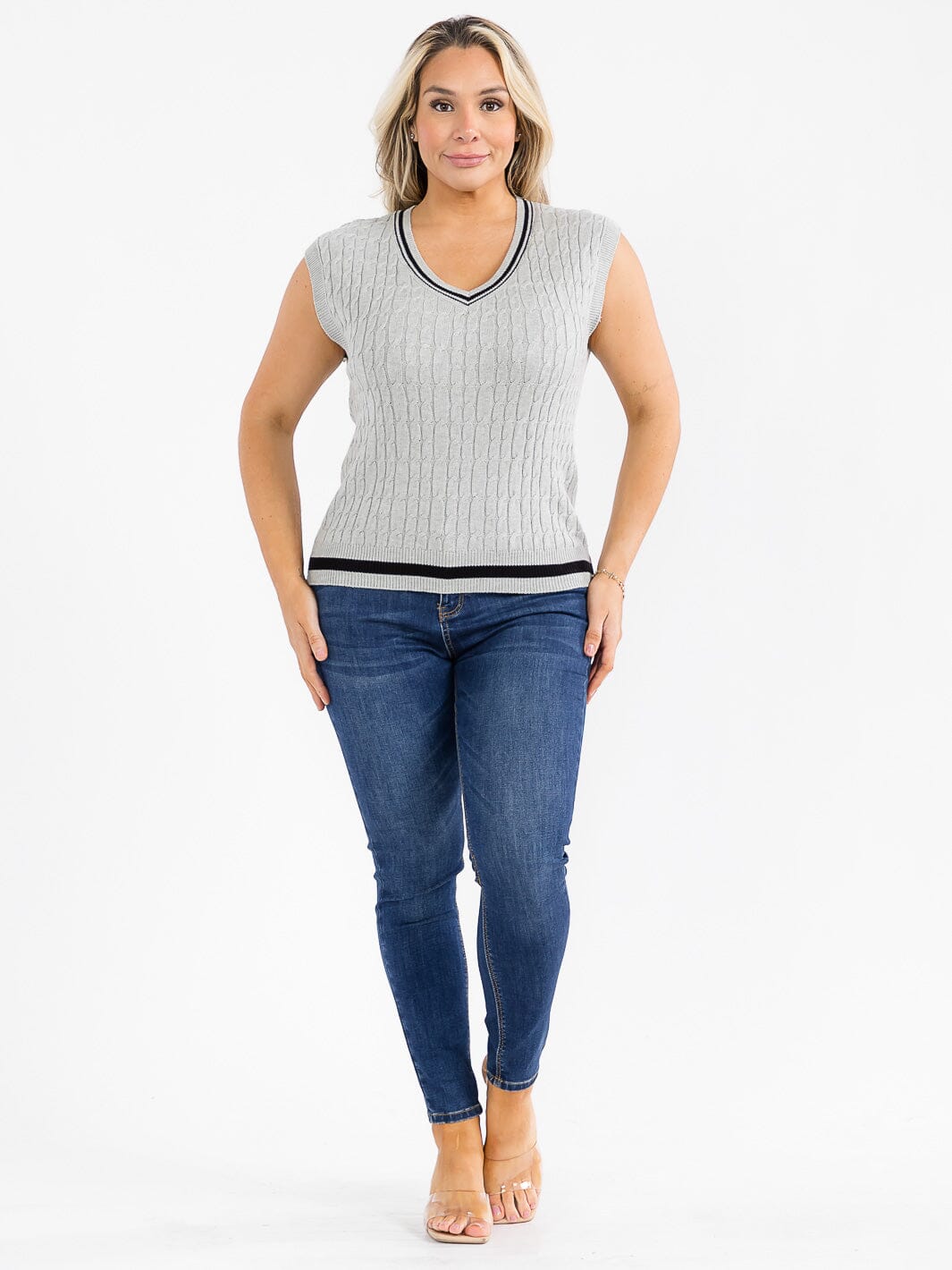 PLUS SIZE SLEEVELESS V-NECK CABLE KNIT SWEATER VEST