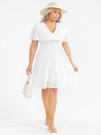 PLUS SIZE SHORT SLEEVE SURPLICE SMOCK WAIST EYELET MIDI DRESS