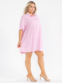 PLUS SIZE SHORT SLEEVE BUTTON UP FRONT POCKETS STUDS DETAILED LOOSE FIT MINI DRESS