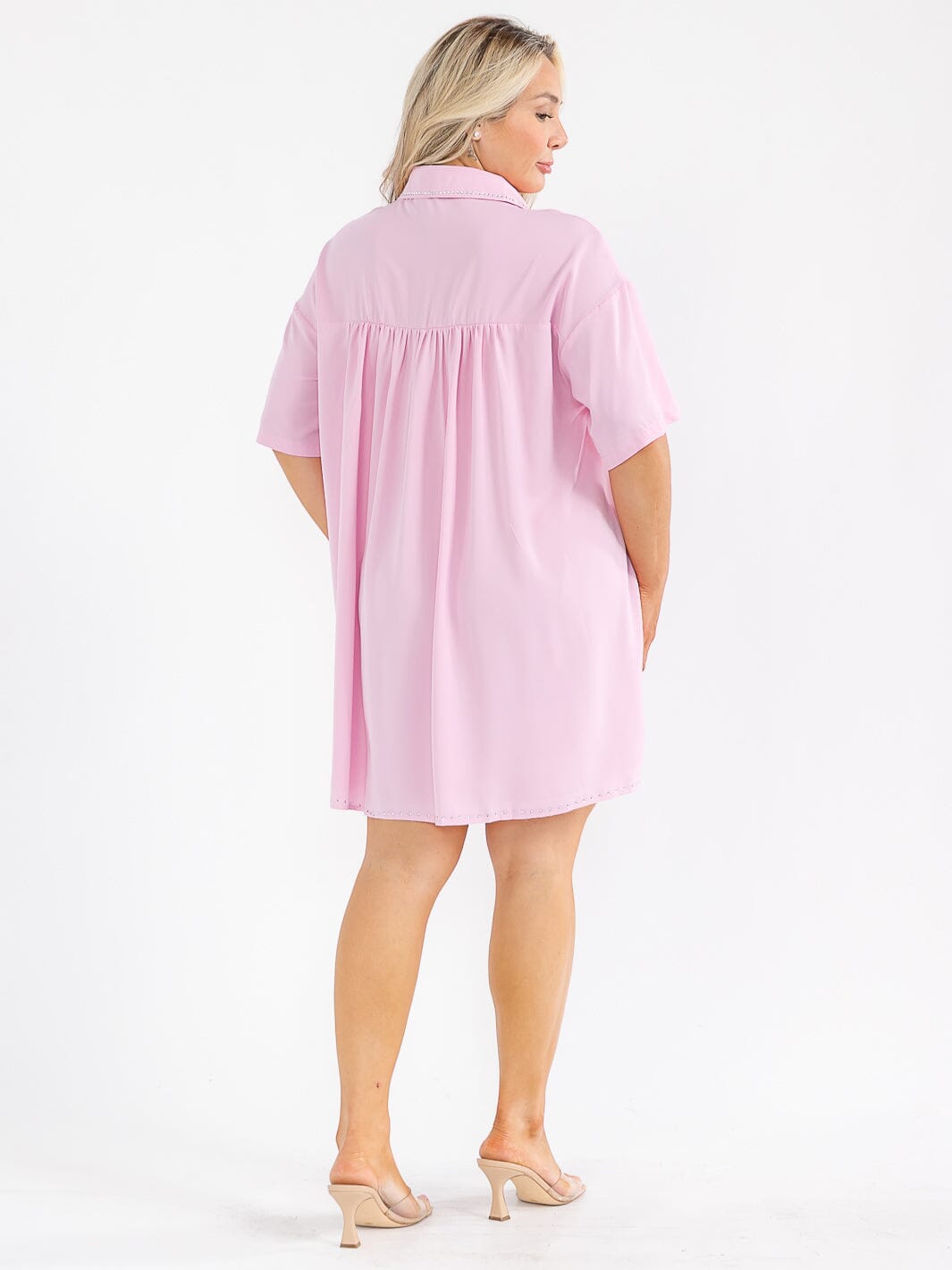 PLUS SIZE SHORT SLEEVE BUTTON UP FRONT POCKETS STUDS DETAILED LOOSE FIT MINI DRESS