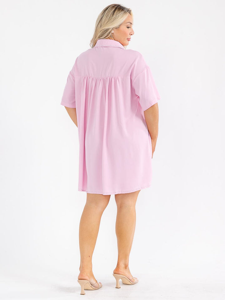 PLUS SIZE SHORT SLEEVE BUTTON UP FRONT POCKETS STUDS DETAILED LOOSE FIT MINI DRESS