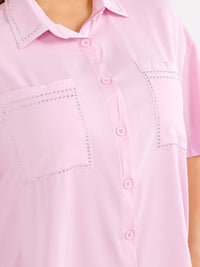PLUS SIZE SHORT SLEEVE BUTTON UP FRONT POCKETS STUDS DETAILED LOOSE FIT MINI DRESS