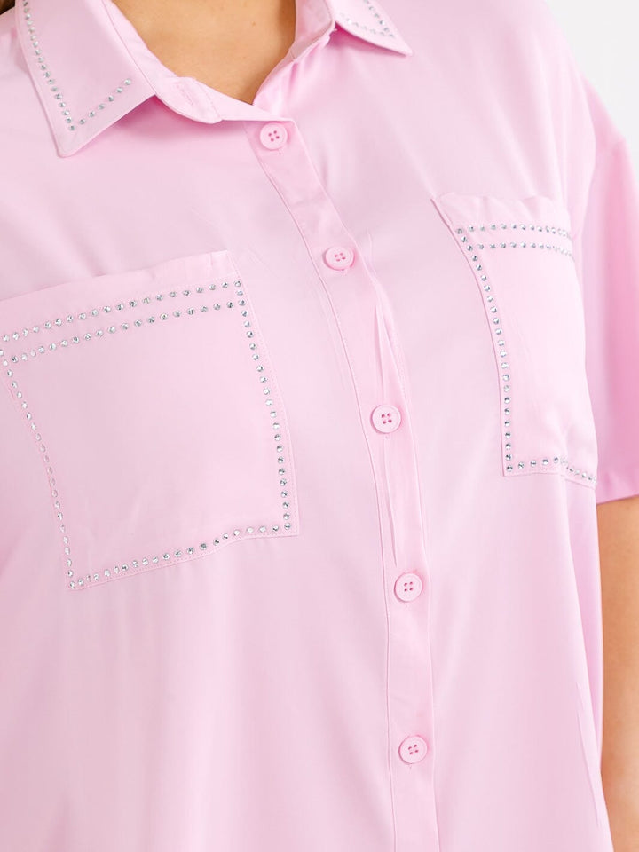 PLUS SIZE SHORT SLEEVE BUTTON UP FRONT POCKETS STUDS DETAILED LOOSE FIT MINI DRESS