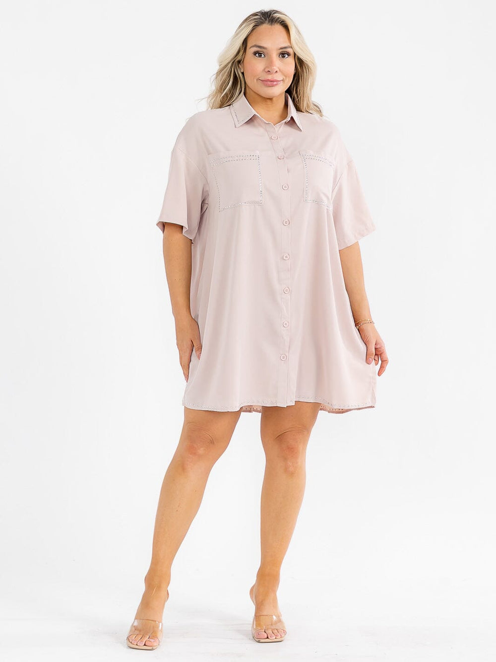 PLUS SIZE SHORT SLEEVE BUTTON UP FRONT POCKETS STUDS DETAILED LOOSE FIT MINI DRESS