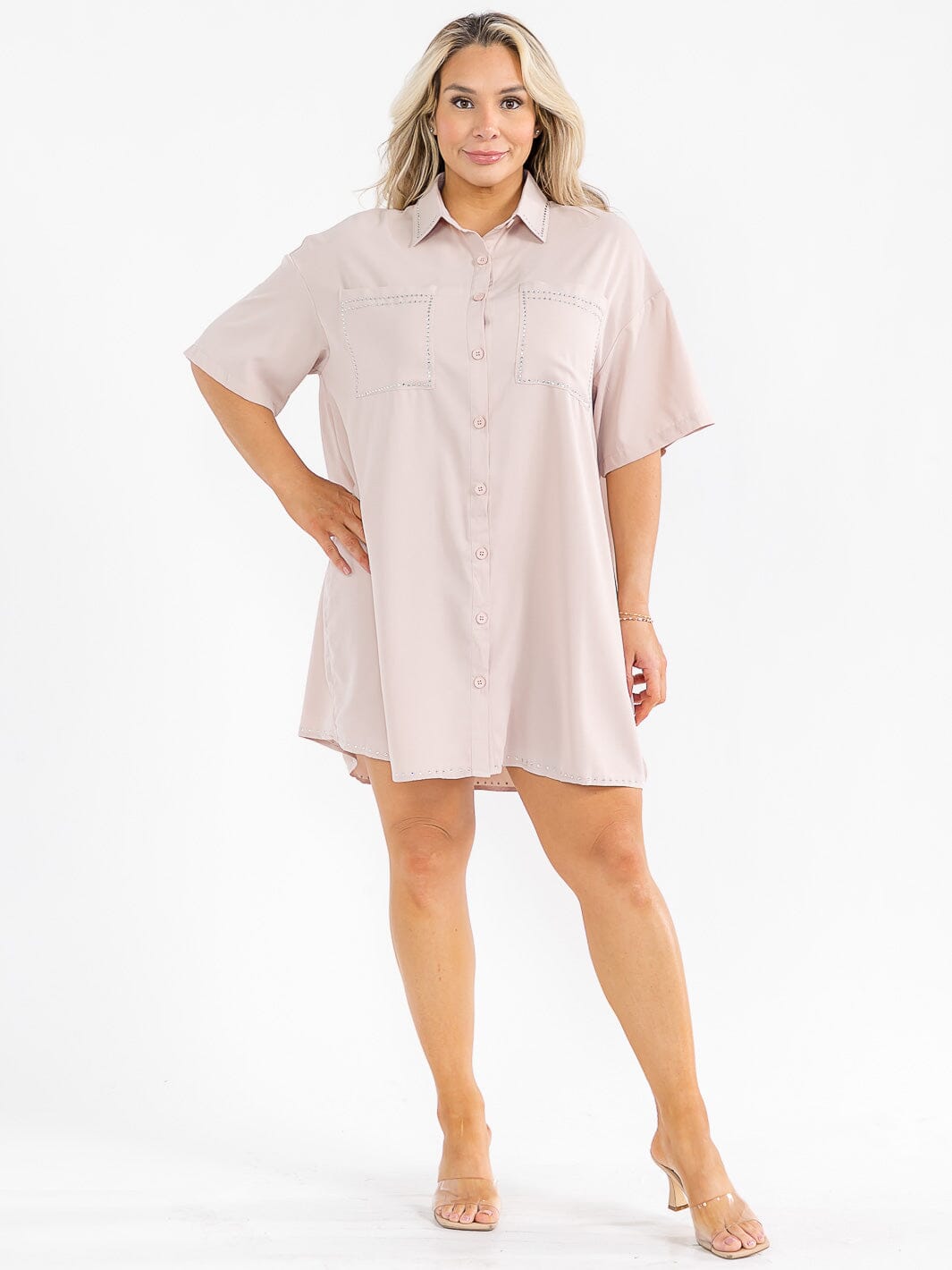 PLUS SIZE SHORT SLEEVE BUTTON UP FRONT POCKETS STUDS DETAILED LOOSE FIT MINI DRESS