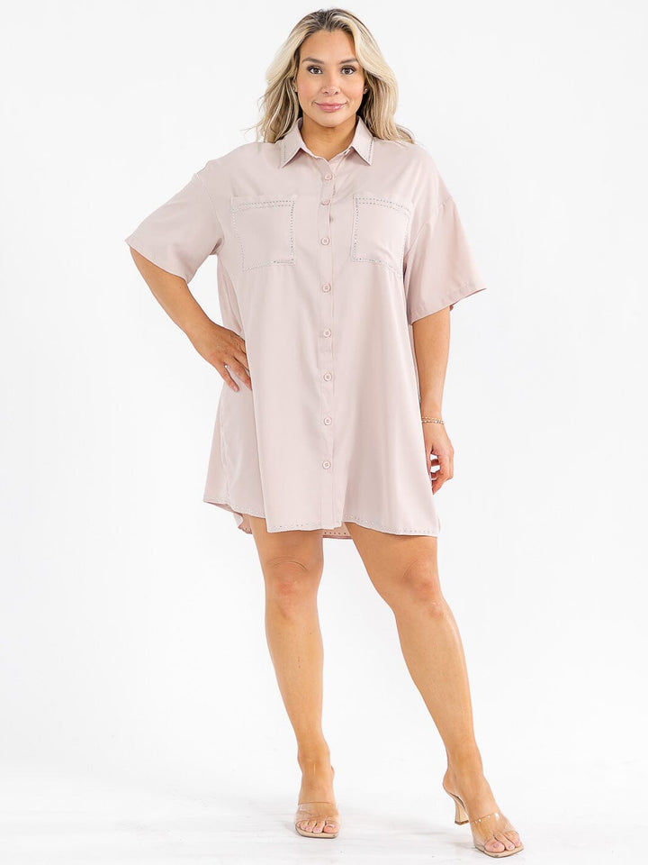 PLUS SIZE SHORT SLEEVE BUTTON UP FRONT POCKETS STUDS DETAILED LOOSE FIT MINI DRESS