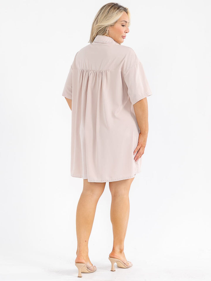 PLUS SIZE SHORT SLEEVE BUTTON UP FRONT POCKETS STUDS DETAILED LOOSE FIT MINI DRESS