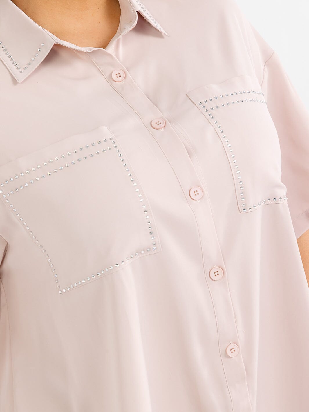 PLUS SIZE SHORT SLEEVE BUTTON UP FRONT POCKETS STUDS DETAILED LOOSE FIT MINI DRESS