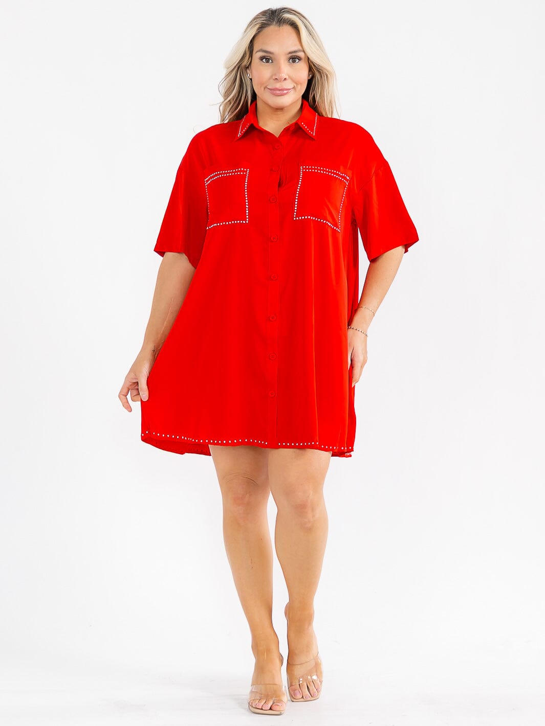 PLUS SIZE SHORT SLEEVE BUTTON UP FRONT POCKETS STUDS DETAILED LOOSE FIT MINI DRESS