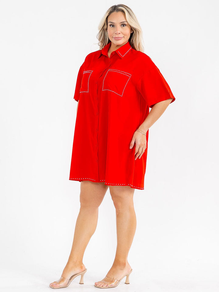 PLUS SIZE SHORT SLEEVE BUTTON UP FRONT POCKETS STUDS DETAILED LOOSE FIT MINI DRESS