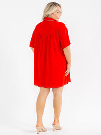 PLUS SIZE SHORT SLEEVE BUTTON UP FRONT POCKETS STUDS DETAILED LOOSE FIT MINI DRESS