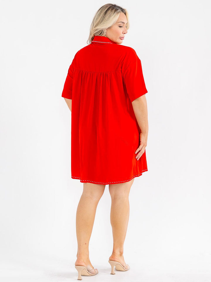 PLUS SIZE SHORT SLEEVE BUTTON UP FRONT POCKETS STUDS DETAILED LOOSE FIT MINI DRESS