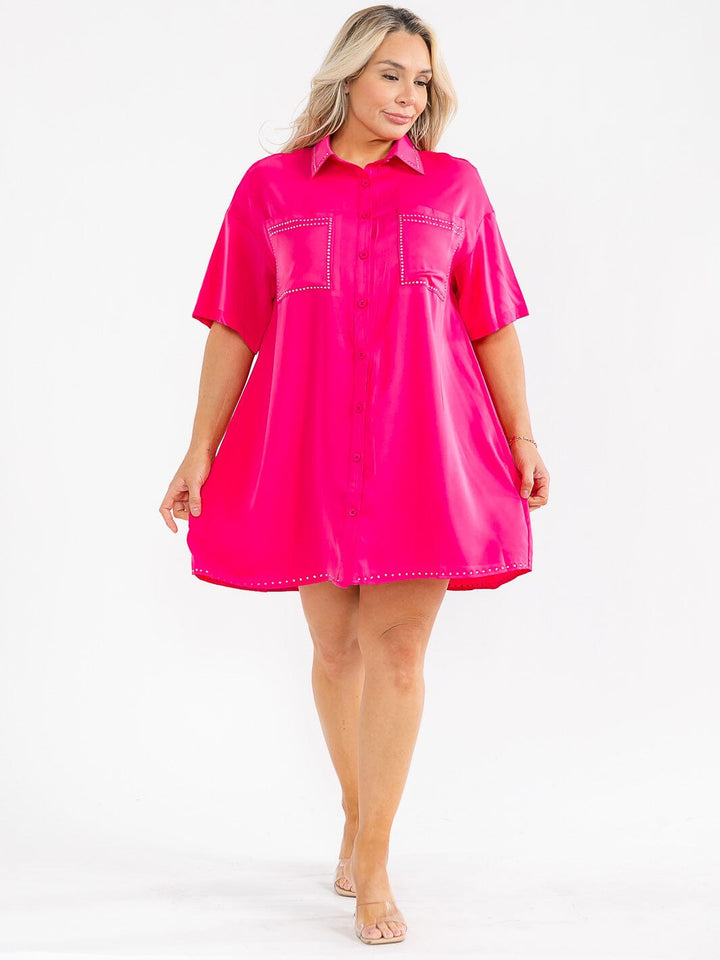 PLUS SIZE SHORT SLEEVE BUTTON UP FRONT POCKETS STUDS DETAILED LOOSE FIT MINI DRESS