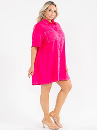 PLUS SIZE SHORT SLEEVE BUTTON UP FRONT POCKETS STUDS DETAILED LOOSE FIT MINI DRESS