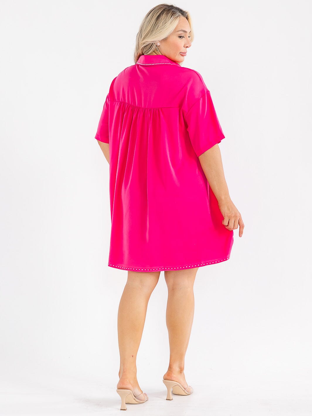 PLUS SIZE SHORT SLEEVE BUTTON UP FRONT POCKETS STUDS DETAILED LOOSE FIT MINI DRESS