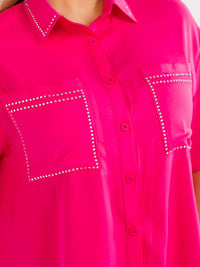 PLUS SIZE SHORT SLEEVE BUTTON UP FRONT POCKETS STUDS DETAILED LOOSE FIT MINI DRESS