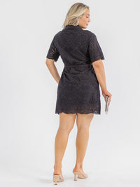 PLUS SIZE SHORT SLEEVE BUTTON UP SELF TIE EYELET MINI DRESS
