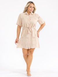 PLUS SIZE SHORT SLEEVE BUTTON UP SELF TIE EYELET MINI DRESS