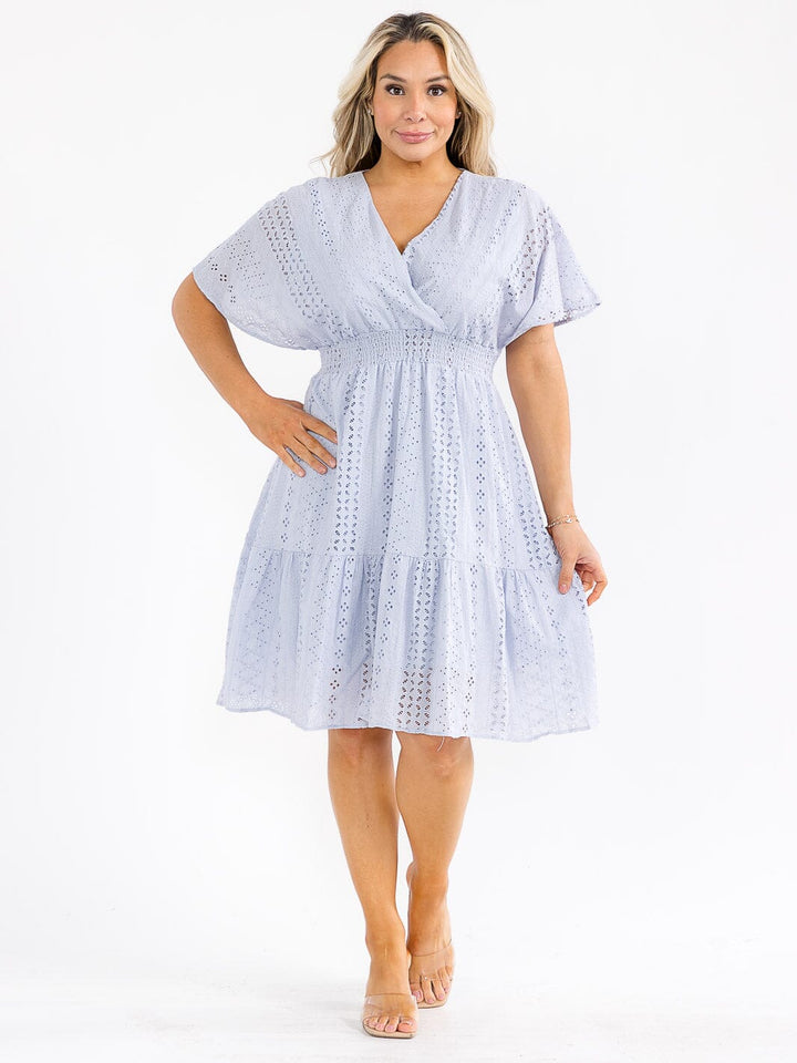 PLUS SIZE SHORT SLEEVE SURPLICE SMOCK WAIST EYELET MIDI DRESS