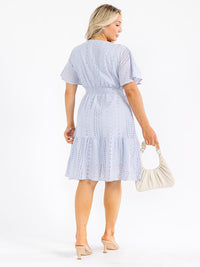 PLUS SIZE SHORT SLEEVE SURPLICE SMOCK WAIST EYELET MIDI DRESS