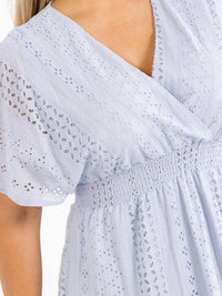 PLUS SIZE SHORT SLEEVE SURPLICE SMOCK WAIST EYELET MIDI DRESS